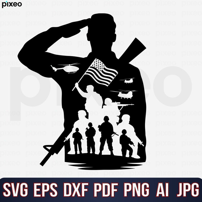 May include: Black and white silhouette of a soldier saluting with an American flag and military personnel behind him.