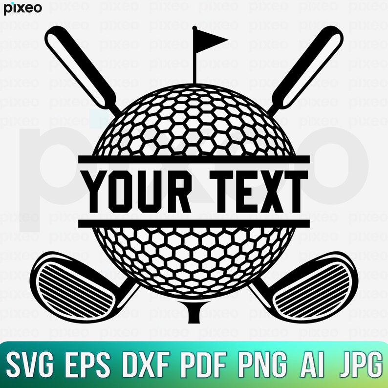 May include: Black and white silhouette of a golf ball with two crossed golf clubs and a flag. The text "YOUR TEXT" is displayed on a banner below the golf ball.