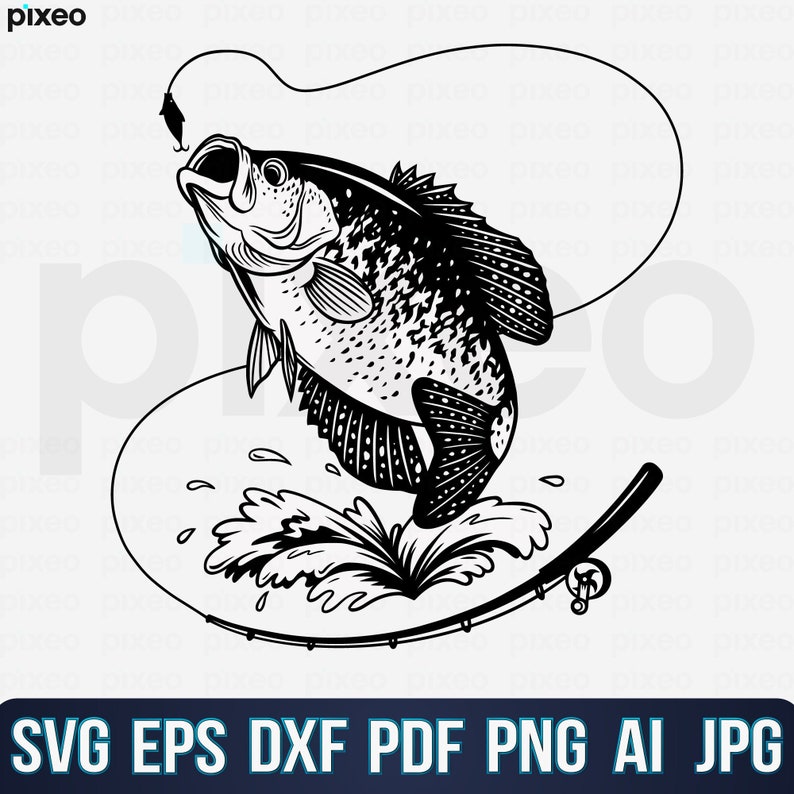 May include: Black and white line art illustration of a fish jumping out of the water with a fishing rod and line. The fish is a crappie, a type of freshwater fish.