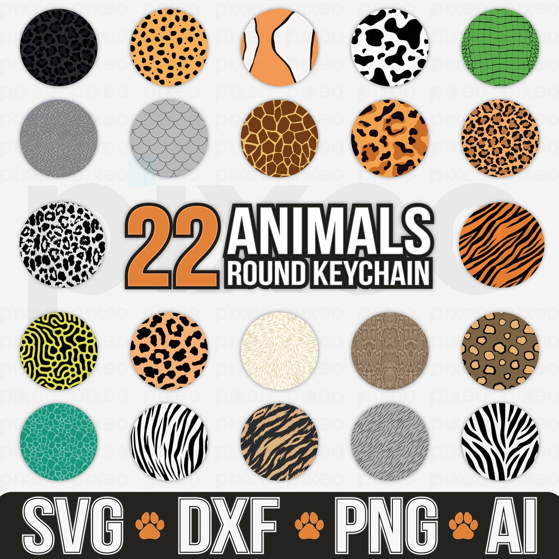 Animal Key Rings Vector Animal Print Keychain SVG Bundle: 22 Round Patterns (digital Download ...