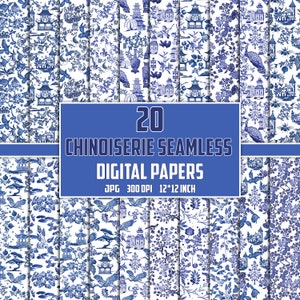 Blue Chinoiserie Digital Papers, Chinoiserie Seamless Pattern, Chinoiserie Clipart, Chinoiserie Pattern Print, Chinoiserie Floral Patterns