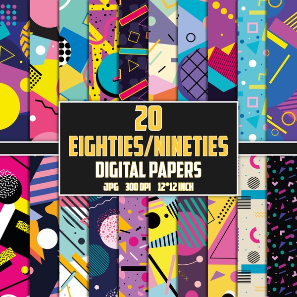 80's/90's Digital Paper, Eighties Nineties Digital Paper, 80s Seamless Patterns, 80s Background, 80s 90s Scrapbook, 80s 90s Clipart Print