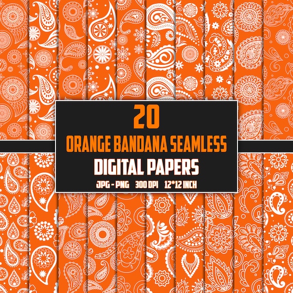 Orange Paisley Bandana Seamless Pattern: 20 Digital Papers (JPG