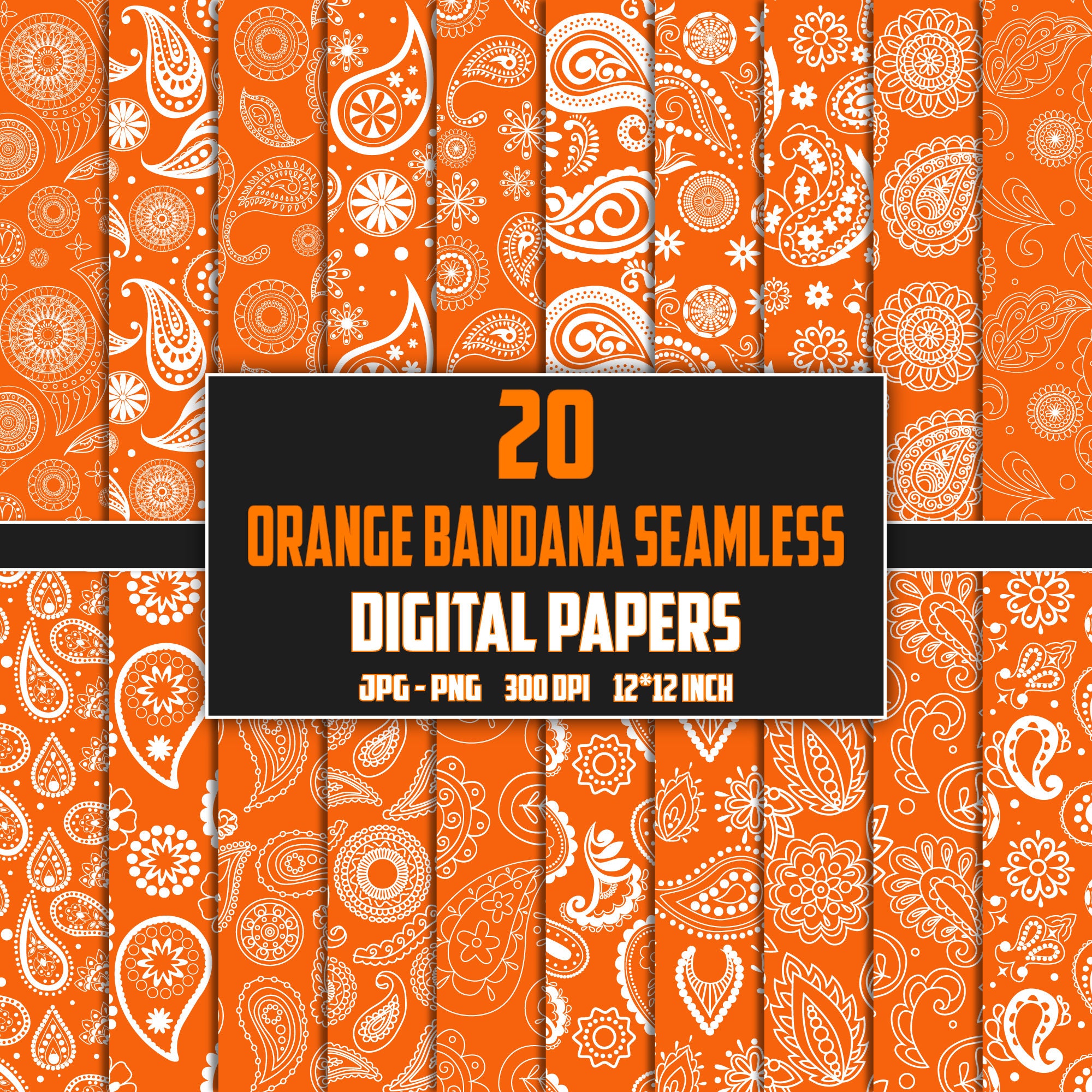 Orange Paisley Bandana Seamless Pattern: 20 Digital Papers (JPG