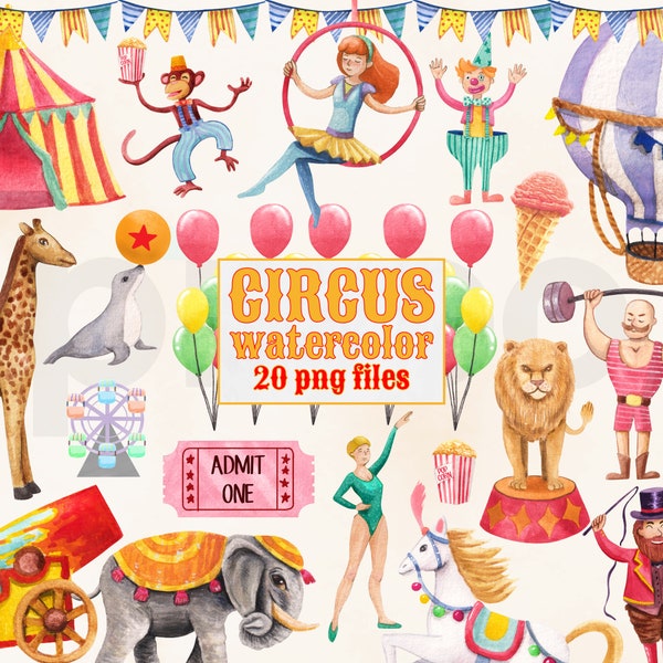 Circus Watercolor Clipart, Carnival Watercolor, Circus Png, Circus Animal Clipart, Watercolor Clipart, Elephant Lion Giraffe Seal Clipart