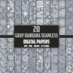 Könnte beinhalten: Eine Sammlung von 20 nahtlosen digitalen Papieren im Grauton mit Bandana-Muster. Jedes Papier zeigt ein weißes Paisley-Design. Der Text "20 GRAY BANDANA SEAMLESS DIGITAL PAPERS JPG-PNG 300 DPI 12*12 INCH" ist ebenfalls enthalten, mit 30,48 cm x 30,48 cm.