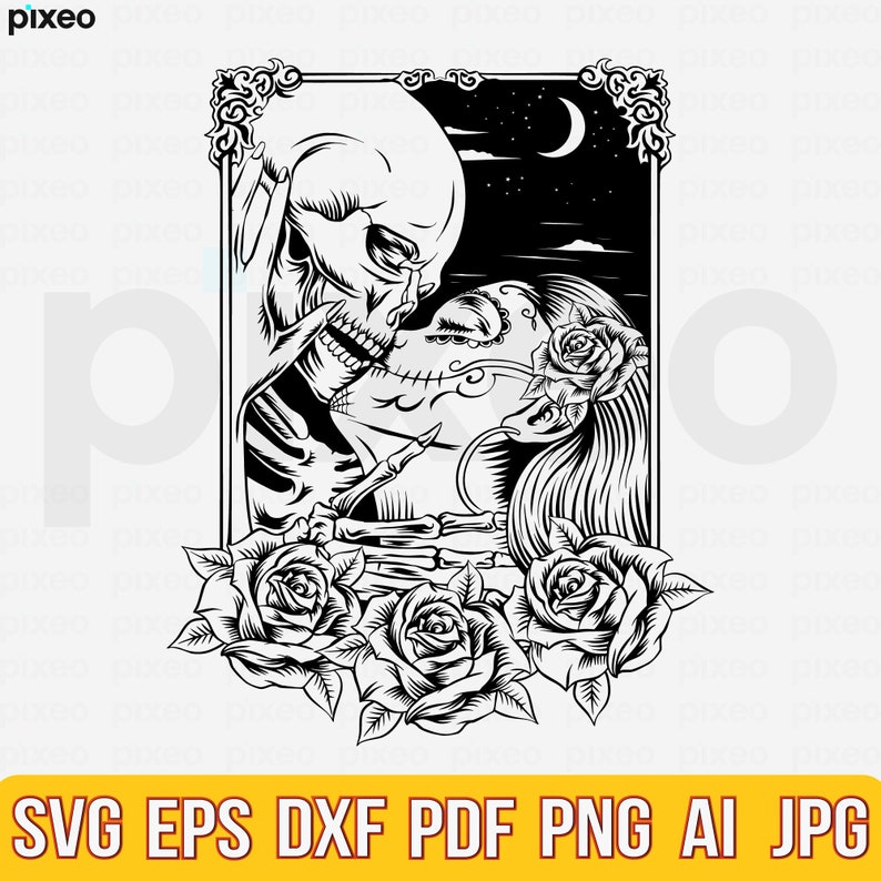 May include: Black and white illustration of a skeleton and a woman with a sugar skull face kissing. They are surrounded by roses and a crescent moon in the background.