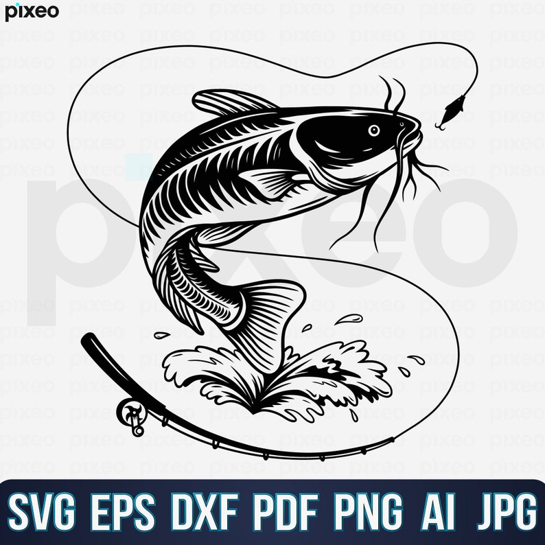 May include: Black and white illustration of a catfish jumping out of the water with a fishing rod and line. The catfish is depicted in a detailed, realistic style, with its fins and scales clearly visible. The fishing rod is bent in the shape of an arc, with the line attached to the catfish's mouth.