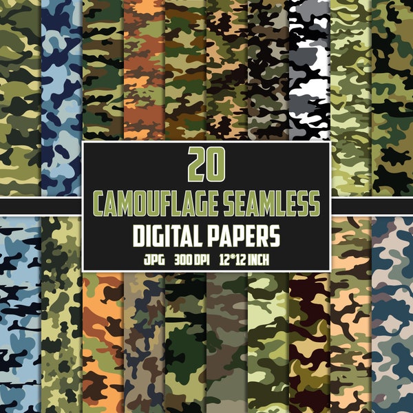 Papier numérique de camouflage, motifs sans couture de camouflage, motif de camouflage, camouflage imprimable, clipart de camouflage, album de camouflage