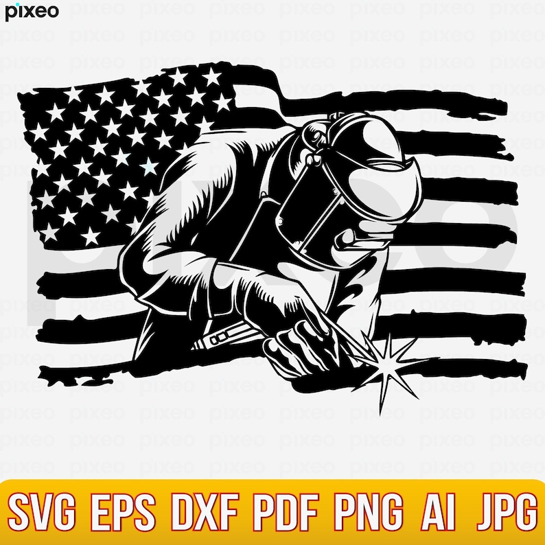May include: Black and white illustration of a welder wearing a welding mask and welding in front of an American flag.