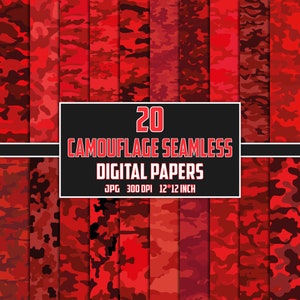 May include: 20 digital papers featuring red camouflage patterns. Each pattern is seamless and measures 12 inches by 12 inches. The papers are 300 DPI and in JPG format.
