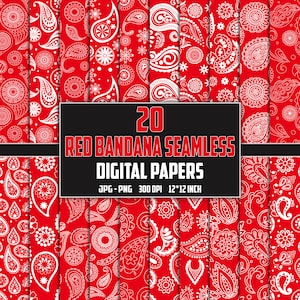 Red Bandana Paisley Seamless Pattern: 20 JPG & PNG Digital Papers