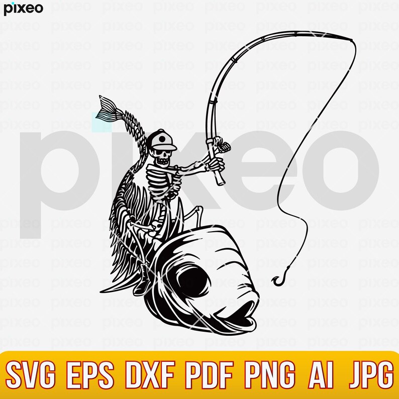Skull Fisherman Riding Fish Skeleton SVG: Fishing Clipart Graphics ...