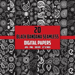 Black Bandana Paisley Seamless Pattern: 20 JPG/PNG Digital Papers