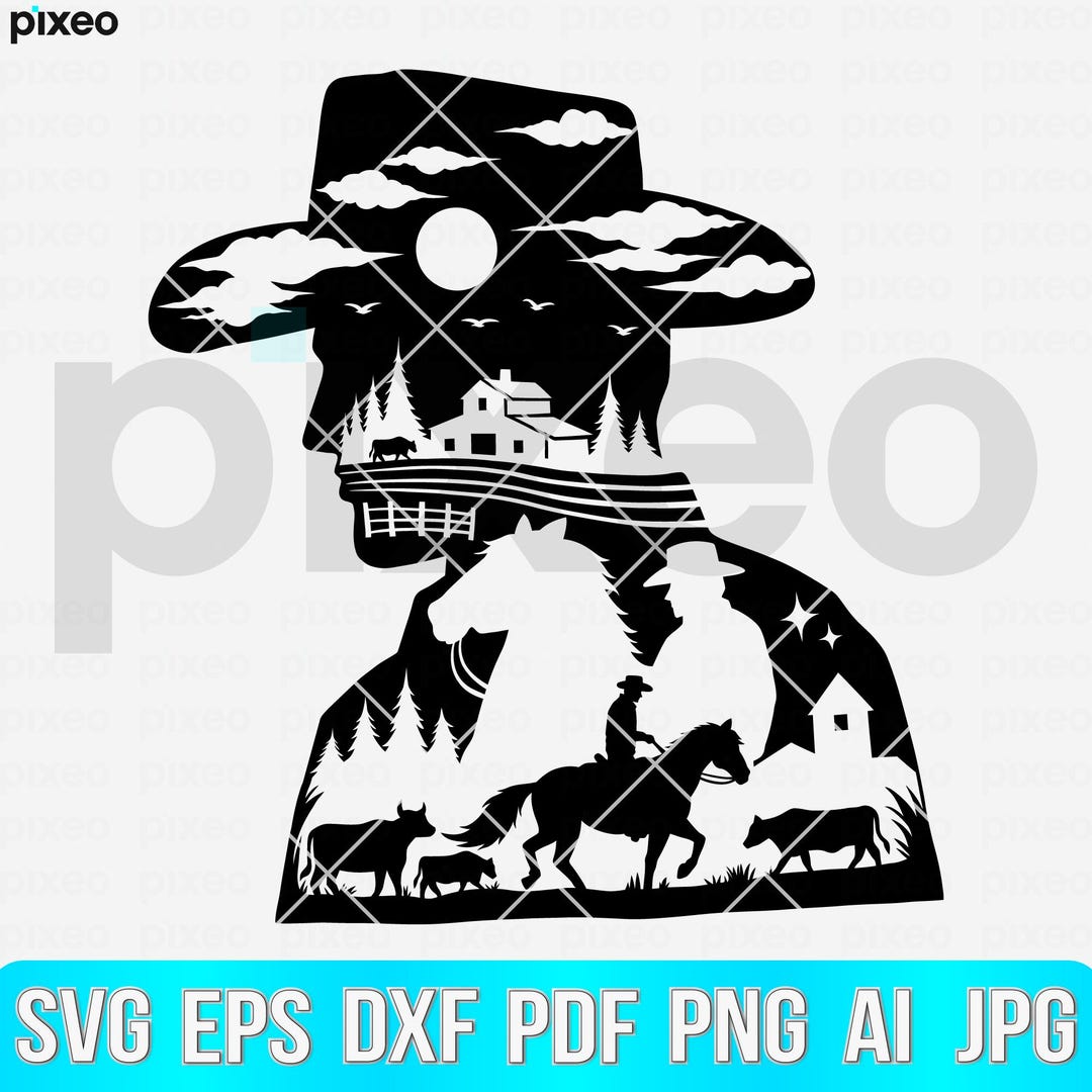 US Western Cowboy SVG Double Exposure Ranch Scene Cut File for Cricut ...