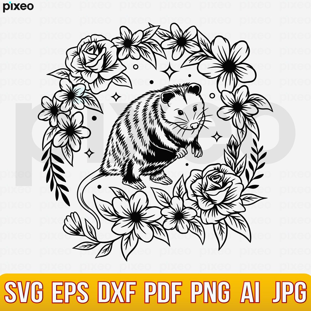 Opossum With Flowers Svg, Opossum Svg, Opossum Flower Svg, Opossum Head