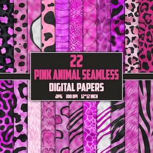 May include: A set of 22 digital papers featuring pink animal print patterns. The patterns include leopard, zebra, snake, and giraffe prints. The papers are 12x12 inches and 300 DPI.