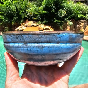 Blue Crackle Raku Fired Bowl with Metallic Interior 5.5 inch pottery ceramic art Lin Kensington