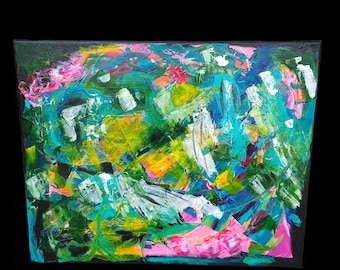 Jungle Modern abstract original painting by Lin Kensington Bright vivid Pink green Emerging artist 16 x 20 canvas Textured wall decor