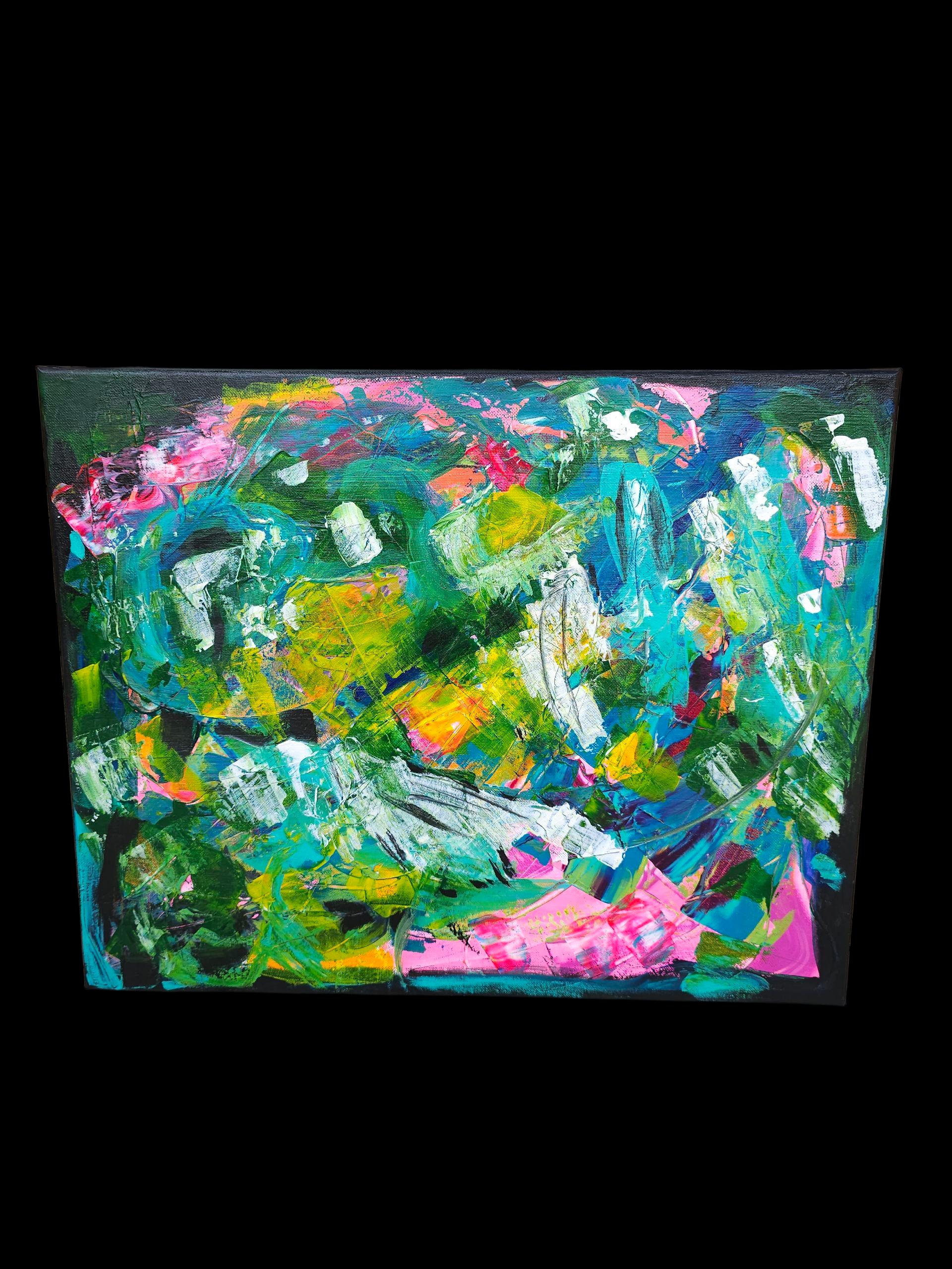Jungle Modern abstract original painting by Lin Kensington Bright vivid Pink green Emerging artist 16 x 20 canvas Textured wall decor