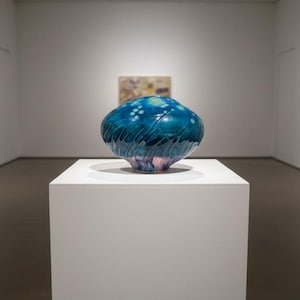 Jarrón de gres tallado con forma de luna: Serie Luciérnagas, esmalte celadón, firmado por Lin Kensington, 16,5 cm (6,5 pulgadas).