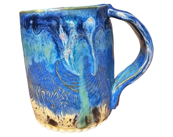 The Starry Night Beach Ocean wave Mug handmade ceramic One of A Kind Sand & Sea Pottery Slab 4.5 inch Blue Coffee Tea Blue Large