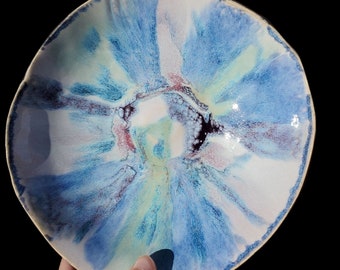 Handmade Organic Ceramic Pottery Bowl Centerpiece Serving Fruit 8 inch Blue Black