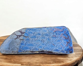 Soda Fired Ceramic Slab Plate: Blue Mushroom Texture, Rustic Sushi Charcuterie Platter