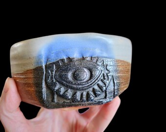Met soda gestookte theekom met gesneden oog, gemêleerd steengoed Chawan (diameter 5 inch)