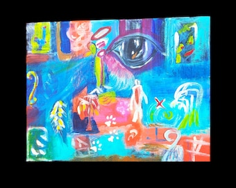 Original Acrylic Art painting on canvas 11 x 14 abstract colorful surreal EYE blue neo impressionist outsider dreamy weird "Inside the Dream