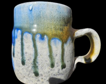 Handgemaakte frisdrank gestookte mok: blauwgroen drip-art aardewerk (10 oz)