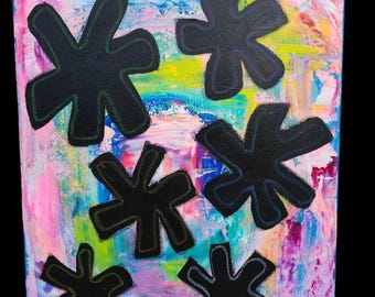 Modern abstract original painting by Lin Kensington Bright vivid Pink Bold outsider Emerging artist 16 x 20 canvas rainbow flowers