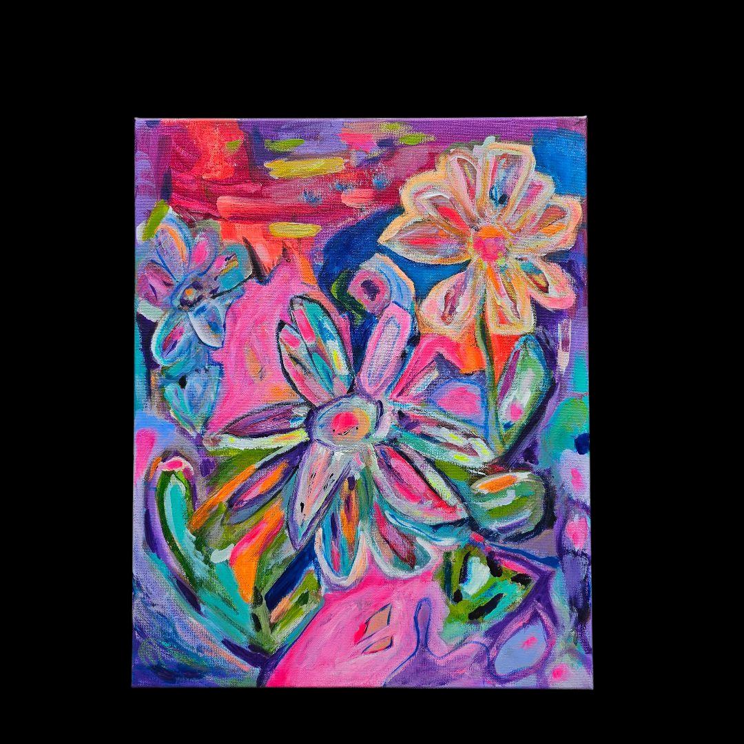 Wildflower Path original painting by Lin Kensington Bright vivid Flowers Pink Bold outsider Emerging artist 16 x 20 canvas