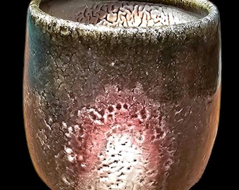 Flashing Soda Fired Shino cup Ceramic Art Pottery for Espresso Coffee Tea Green 8 oz Signed handmade Dark Green Mossy Earth Tones 3.5"