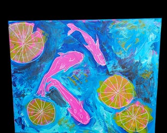 Abstract schilderij koivissen: moderne roze-groene canvas muurkunst 16 x 20
