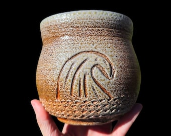 Soda Fired Wave-vaas Pot Gesneden Steengoed Keramische Kunst 5"