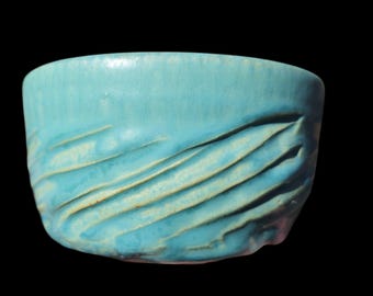 Handgemaakte Chawan-theekom 'Tiffany Aqua' – gesneden matcha-theekom van steengoed 5 x 3