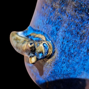 Könnte beinhalten: Eine blaue und braune Keramikvase mit einer einzigartigen, strukturierten Oberfläche und einem kleinen, geformten Griff. Der Griff ist in Form eines stilisierten Tierkopfes mit zwei kleinen, runden Augen geformt.