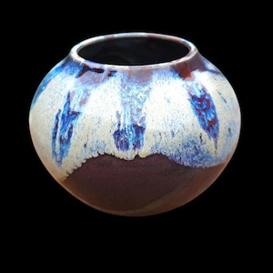 Ceramic moonjar stoneware Handmade Studio Pottery 7&quot; Moon Jar Art signed Purple red Feathers Native pot centerpiece statement decor