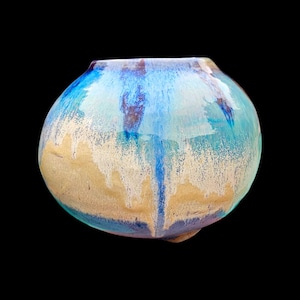 Ceramic moonjar stoneware porcelain slip Handmade Studio Pottery beachy ocean Bottom 7&quot; Moon Jar Art signed blue Aqua