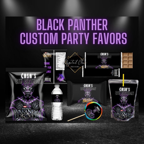 Black Panther Birthday Party Pack - Rice Crispy - Chip Bag - Lollipop - Juice - Water Bottle - Candy bar - Labels printable DIGITAL DOWNLOAD