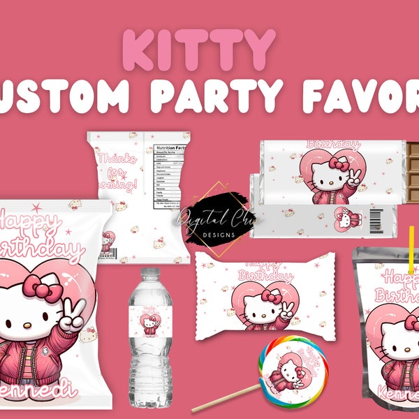 Kitty Peace Sign Birthday Party Pack - Rijst Krokant - Chip Bag - Lollipop - Sap - Waterfles - Candy bar - afdrukbare DIGITALE DOWNLOAD