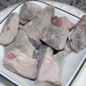 May include: A white enamel dish with a black trim holds several rough, gray-brown rocks. Some rocks have reddish-brown markings. The dish sits on a white surface with a patterned background.