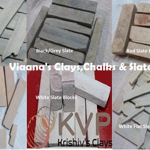 May include: Assortment of slate bars and blocks in various colors, including black, grey, red, and white. The slate pieces are arranged in rows and labeled with their color and type. The image also includes the text "Viaana's Clays, Chalks & Slates" and "KVP Krishiv's Clays".