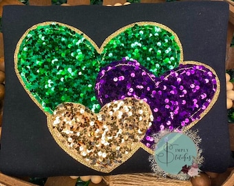 MARDI GRAS Sequin Heart applique shirt/sweatshirt~sequins~Raggy edge applique