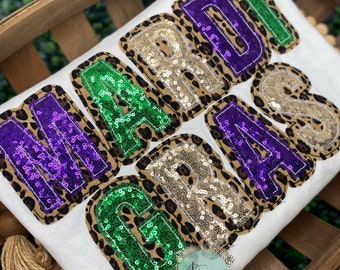 MARDI GRAS Double Stack applique shirt/sweatshirt/raglan~ Cheetah print ~sequins~Raggy edge applique