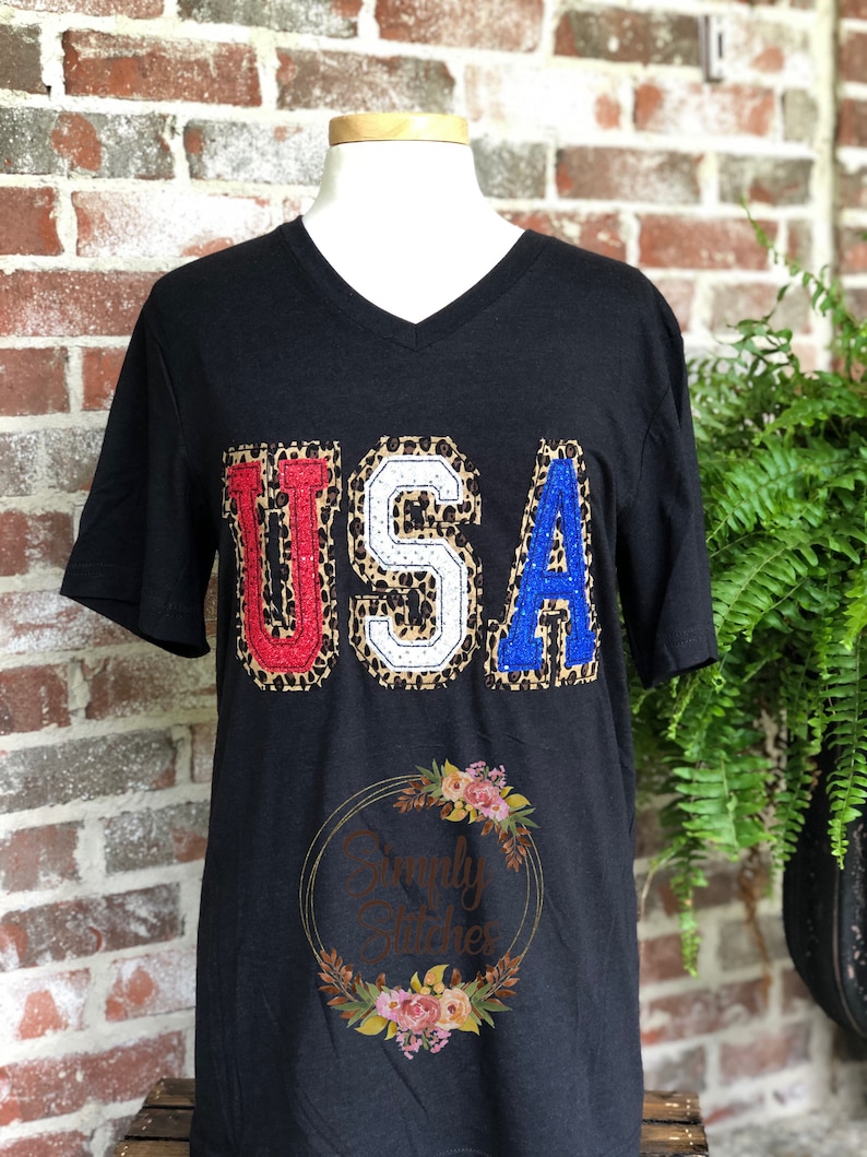 USA applique shirt Cheetah print and sequins-Bella Canvas unisex V-neck image 2