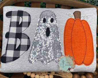 BOO applique shirt/sweatshirt, Ghost, Fall shirt, Halloween shirt, Gildan, Bella canvas