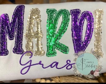 MARDI GRAS Sequin applique shirt/sweatshirt/raglan~sequins~Raggy edge applique