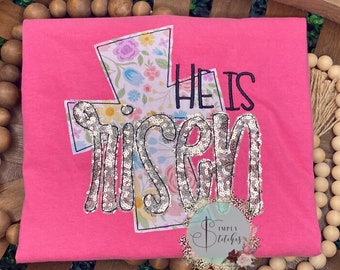 HE IS RISEN cross applique shirt-Easter, Cross, Comfort Color